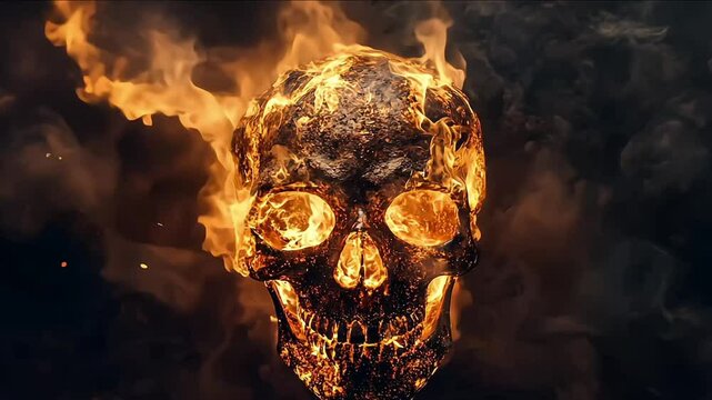 abstract background of a ghost skull burning with flame fire and smoke