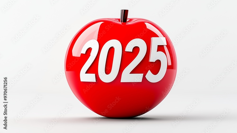 Poster a red apple with the number 2025 written on it. the apple is shiny and has a smooth surface.