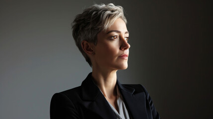 Obraz premium Confident mature businesswoman with short blond hair in a professional suit