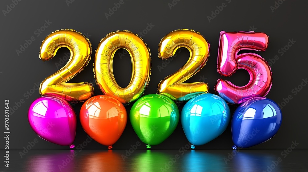 Aufkleber a bunch of balloons with the number2025 on them. the balloons are in different colors and are arrang