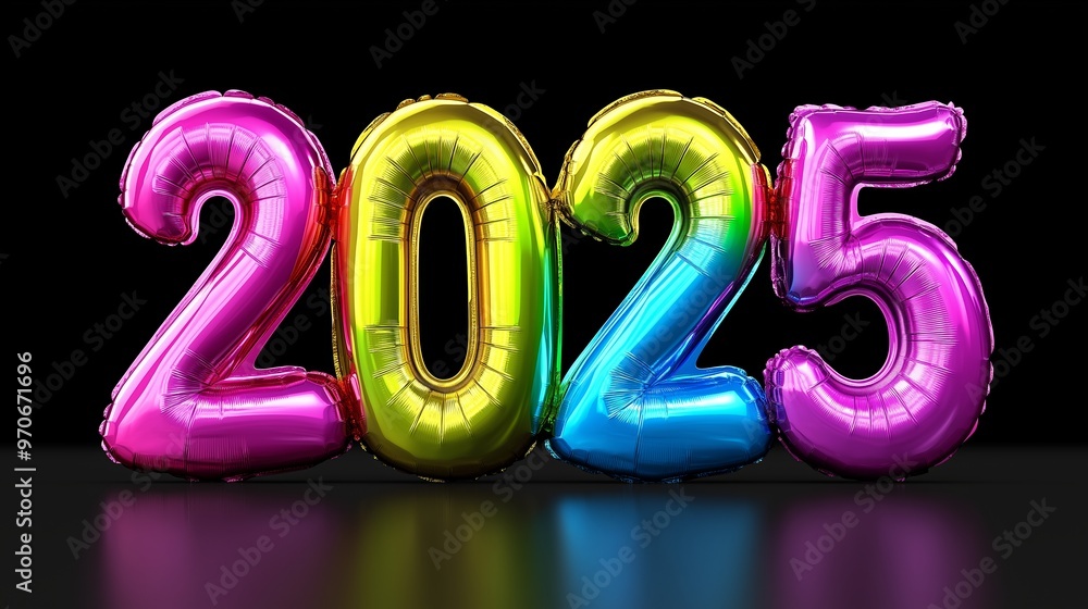 Poster a colorful balloon with the number 2025 on it. the balloons are in different colors and are arranged