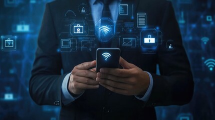 A businessman holding a smartphone with a wireless network symbol and various icons representing data security and technology.