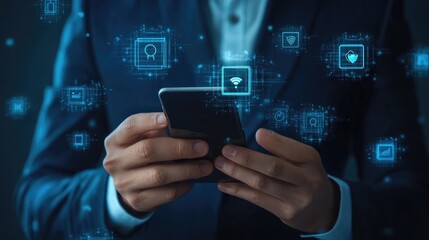 Fototapeta premium A businessman holds a smartphone with glowing digital icons floating around him, representing data, security, and technology.