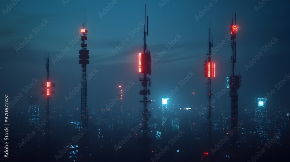 Poster time lapse cityscape of signal towers representing wireless communication networks