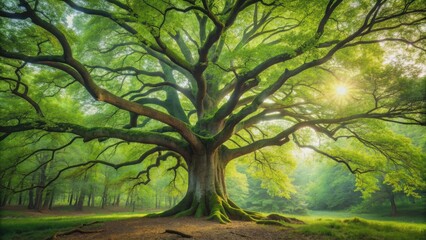 Fototapeta premium Majestic old tree standing tall in a lush green forest , nature, trees, scenery, landscape, environment, outdoors, forest