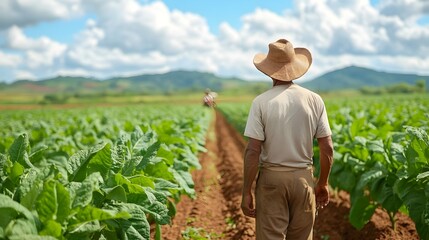 Fototapeta premium Tobacco Farmer Inspecting Crops in Agricultural Field During Harvest Season