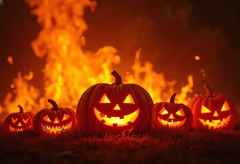Halloween pumpkins are engulfed in powerful flames