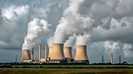 Towering Chimneys of a Coal Fired Power Plant Releasing Steam into the Sky