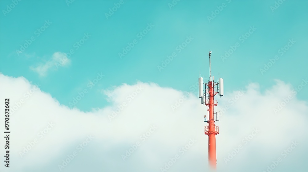 Poster towering telecom signal mast reaching for the cloudy skies