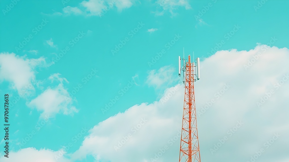 Poster towering telecom signal transmitter amid cloudy skies