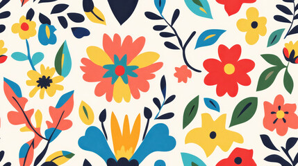 Seamless vibrant folk art inspired floral pattern design