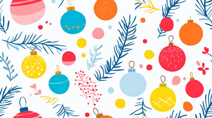 Cotton fabric Festive seamless pattern with colorful baubles and twinkling holiday lights