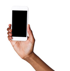 African-american female hand holding mobile smart phone with blank screen, isolated on white background. Copy space for advertisement of mobile app, mockup