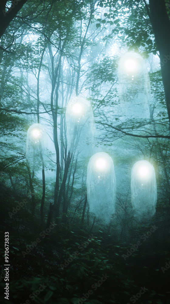 Canvas Prints Ethereal Spirits Represented by Glowing Orbs in Misty Forest  