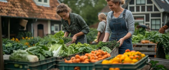 In the foreground, a happy female farmer is loading vegetables into her truck in front of a traditional Dutch farm with white and brown walls and a black roof. In the background