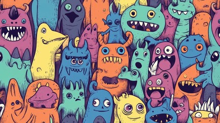 Obraz premium Adorable Doodle Monsters in a Seamless Vector Pattern for Design
