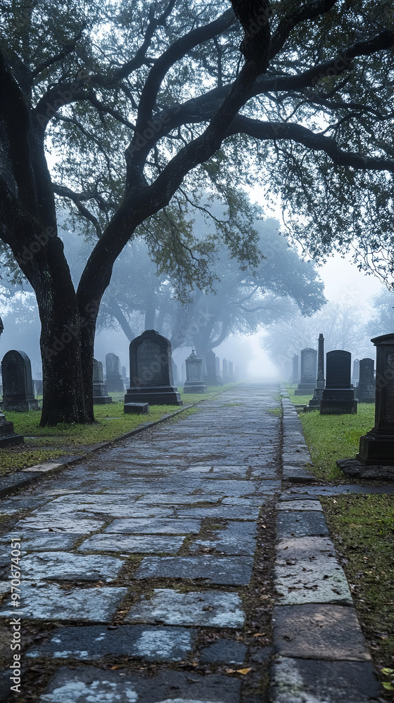 Canvas Prints Historic Cemetery with Ancient Tombstones on Foggy Morning 