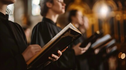 A group of women are reading from a book in a church