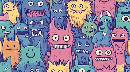 Adorable Doodle Monsters in a Seamless Vector Pattern for Design