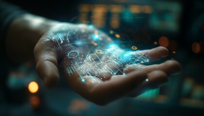 Human with a chip embedded in his right hand, can click the air in front of him to form an operating interface, which contains various data and stereoscopic charts, extremely imaginative, futuristic