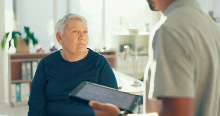 Physiotherapy, tablet and man with mature woman for medical care, consulting and wellness....