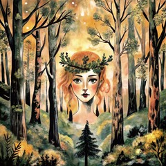 Fototapeta premium Ethereal forest spirit with antlers and flowing hair in mystical woodland watercolor style