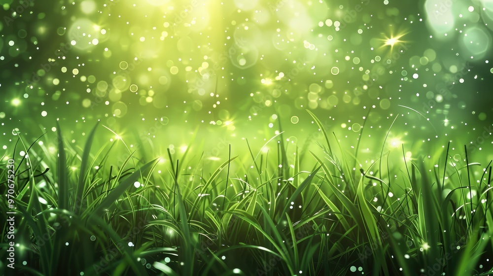 Aufkleber Captivating background with vibrant grass hues and floating particles. Generative AI.
