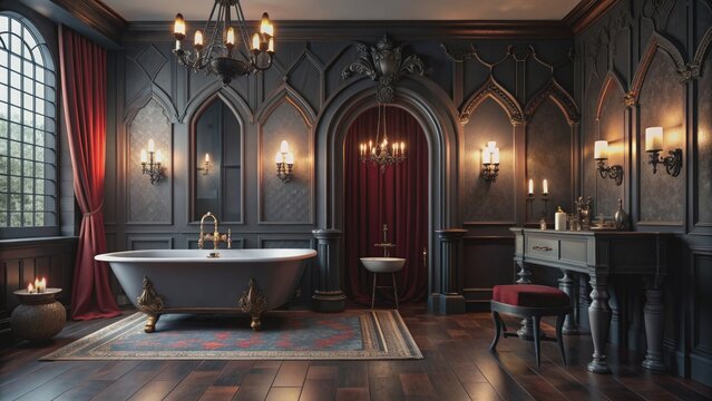 Gothic bathroom with dark hues and elegant vampire-themed decor, gothic, bathroom, dark, style, vampire, elegant