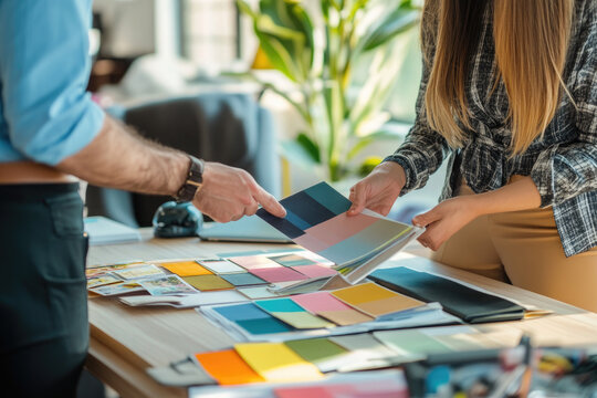 Interior designers working together in a cozy workshop, choosing colors and materials to beautify furniture, crafting modern decor with passion and creativity