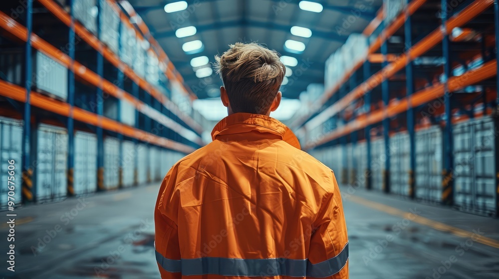 Poster a worker from warehouse with orange jacket is watching towards the horizon. generative ai.