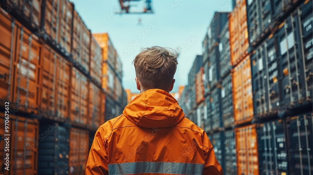 Poster a worker from warehouse with orange jacket is watching towards the horizon. generative ai.