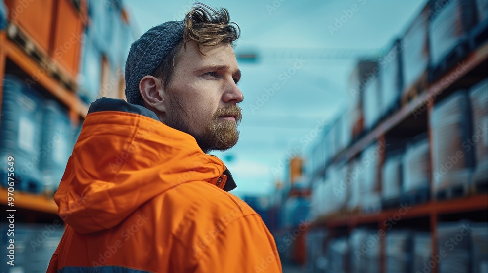 Poster a worker from warehouse with orange jacket is watching towards the horizon. generative ai.