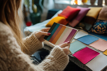 Interior designers working together in a cozy workshop, choosing colors and materials to beautify furniture, crafting modern decor with passion and creativity