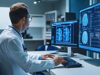 Doctor Analyzing Medical Data on Monitors: Healthcare Technology in Action