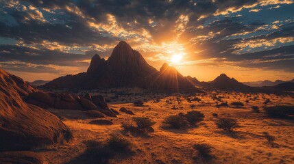 Naklejka premium Sunrise over the stone desert of Spitzkoppe hills in Namibia. Travel and adventure in the African wilderness.