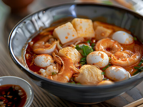 Spicy Shrimp and Fish Ball Noodle Soup - A Photo of a Delicious Asian Cuisine