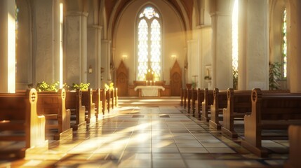 Fototapeta premium A church with a long aisle of pews and a stained glass window