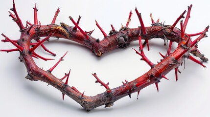 Heart-shaped thorn branch with red spikes on white background. Concept of love, pain, and sacrifice.