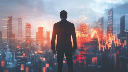 A businessman stands in front of a futuristic city skyline, looking towards a glowing red and orange sky, suggesting innovation, growth, and progress.