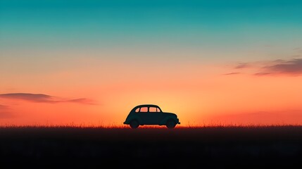 Vintage Car Silhouette Against Dramatic Sunset Sky with Clouds