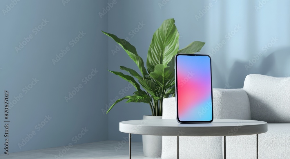 Aufkleber a mockup of an ai device on top of a coffee table in front of a white sofa, with a colorful gradient