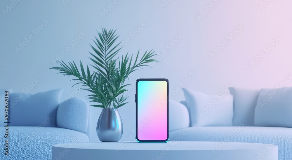 Poster a modern smartphone with an ai-powered screen stands on the table in front of two sofas. on one side