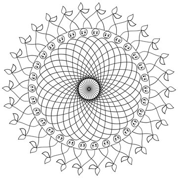 Mandala coloring page for adults, botanical mandala coloring page for adults. Hand-drawn floral line art mandala coloring page for adults. Coloring page for stress relief. Bohemian, tattoo.