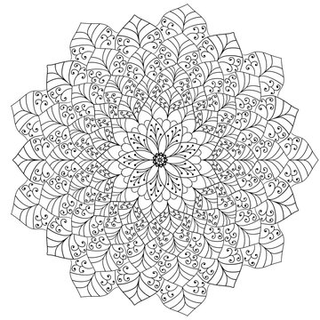 Mandala coloring page for adults, botanical mandala coloring page for adults. Hand-drawn floral line art mandala coloring page for adults. Coloring page for stress relief. Bohemian, tattoo.