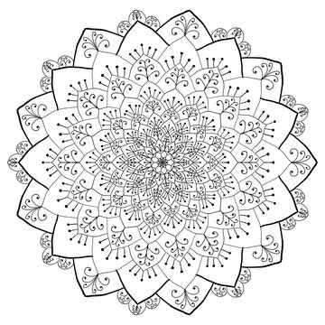 Mandala coloring page for adults, botanical mandala coloring page for adults. Hand-drawn floral line art mandala coloring page for adults. Coloring page for stress relief. Bohemian, tattoo.