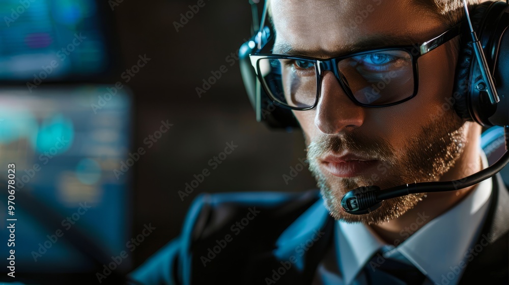 Poster a man wearing glasses and a headset is looking at a computer screen