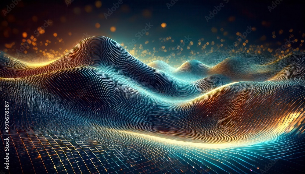 Wall mural abstract digital wave of glowing particles in blue and orange colors. generated image