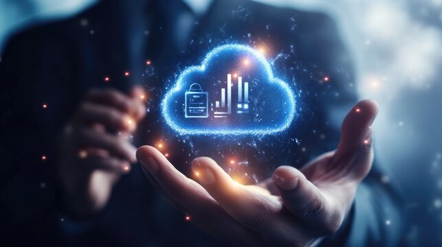 Businessman holding a glowing cloud with shopping cart, calculator and graph icons, representing cloud computing for online shopping and e-commerce.