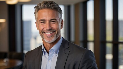 Fototapeta premium 自信に満ちた笑顔を持つハンサムなCEOが描く、プロフェッショナルな一瞬を捉えたポートレート。生成AI
