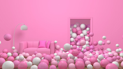 Colorful balloons flying in the room. 3D illustration, 3D rendering	
